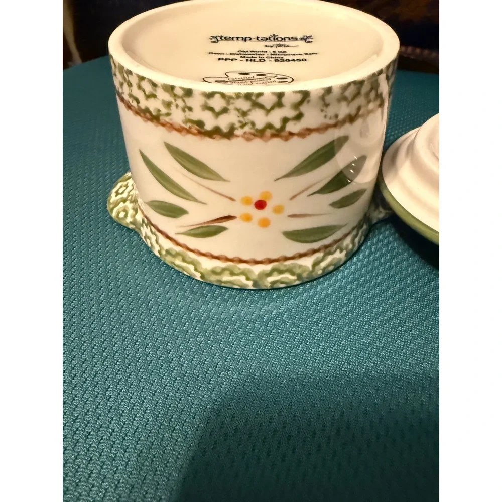 Temp-tations by Tara Old World Green 8 oz Lidded Ramekin Hand Painted Ceramic